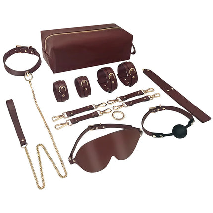 PU Leather BDSM Bondage Kits Handcuff Ankle Cuffs Neck Collar Mouth Gag Hogtie Restraint SM Set Adult Games Sex Toys for Couples