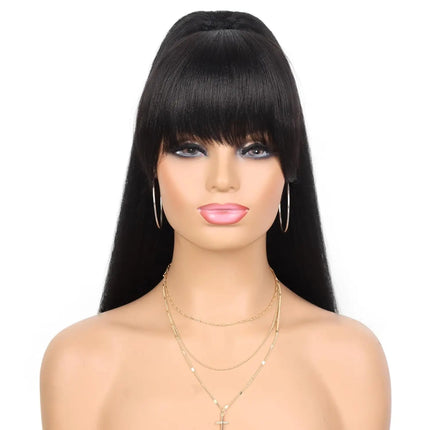 Synthetic Hairpiece Yaki Drawstring Ponytail Extension with Bangs - Long Yaki Straight Clip in for Black Women for Daily Party