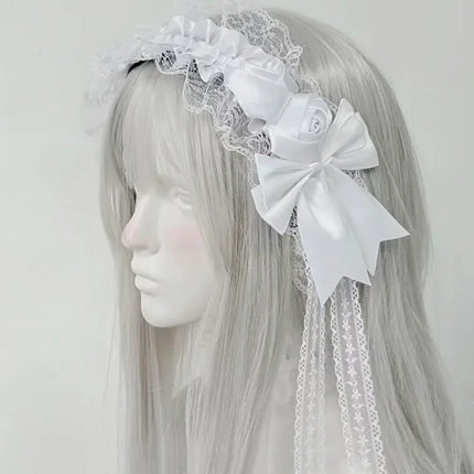 Gothic Lolita Lace Headbands for Women Double Black White Satin Rose Flower Bow with Tassel Elegant Cosplay Hair Accessories