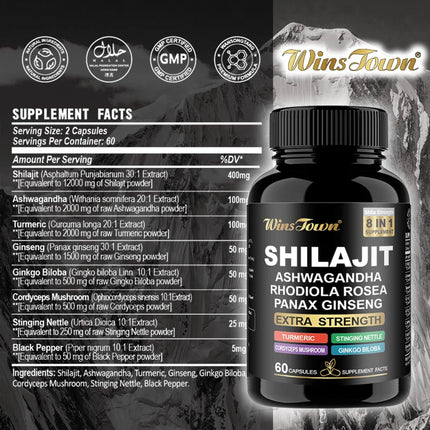 Shilajit Supplement, 8 in 1 Himalayan Shilajit Capsules for Men Women with Ashwagandha, Rhodiola Rosea, Panax, Ginseng 60 Count