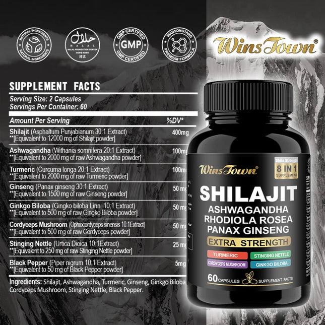 Shilajit Supplement, 8-in-1 Himalayan Shilajit Capsules for Men and Women with Ashwagandha, Rhodiola Rosea, Panax, Ginseng, 60 Count