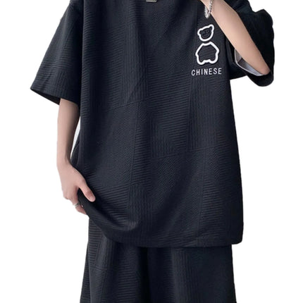 Casual Sportswear Set for Men Summer Short Sleeve Five-Quarter Pants Polyester Fiber Big Size Two-Piece Suit T-Shirt Shorts