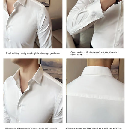 Seamless silk business casual shirt, long sleeved white non ironing elastic silk sliding cross shirt, men's formal wear