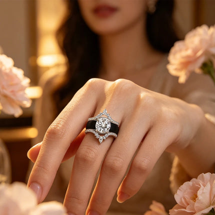3pcs Pear Shaped Diamond Simulant Crown Ring Black Silicone Stackable Bridal Engagement Wedding Band Set for Her