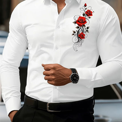 2026 Men's Fashion Red Rose Print Long-Sleeve Shirt, Stylish Casual Design, Spring/Autumn Casual Shirt, Sizes XS-6XL