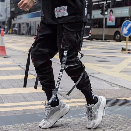Men's Cargo Pants Casual Hip Hop Hit Color Multiple Pockets Trousers Streetwear Black Punk Ribbons Techwear Sweatpants Boys
