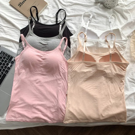 2020 Women Solid Tank Tops Adjustable Strap Built In Cup Padded Wireless Camisole Camis Vest Female Home Basic Tank Top