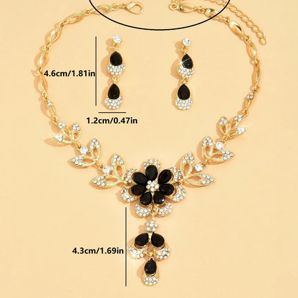 3PC Women's Fashion Trend Black Gold Flower Necklace Earrings Jewelry Set Wedding Banquet Party Festival Gift