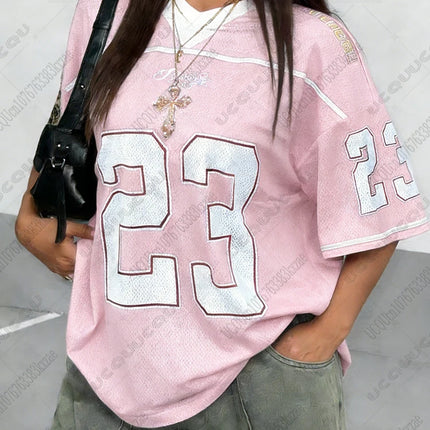 2026 Summer Black Speed 23 Printed T-Shirt For Women V-Neck Short Sleeve Sports Football Jersey Y2K Loose Oversized Tops