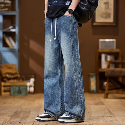 Spring Straight-Leg Loose-Fit American Vintage-Style Denim Trousers: Men's Casual High-Street Washed Wide-Leg Pants