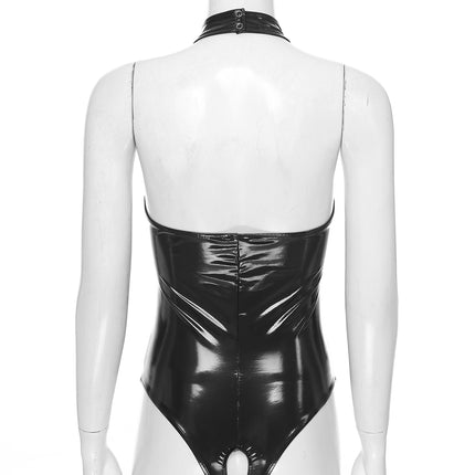 Womens Latex Lingerie Cutout Patent Leather Bodysuit Halter Neck Backless Crotchless Open Cup Teddies Leotard Erotic Clubwear