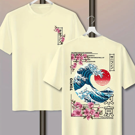 Men's Casual Tokyo Island Sunset Wave Print 100% Cotton T-shirt Short-sleeved Summer Breathable Street Trend Loose Comfortable