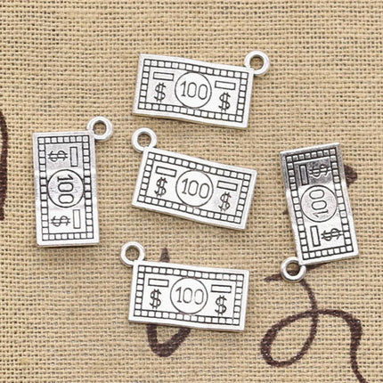 25pcs Charms 100 Dollars Money 10x19mm Antique Silver Color Plated Pendants Making DIY Handmade Tibetan Silver Color Jewelry
