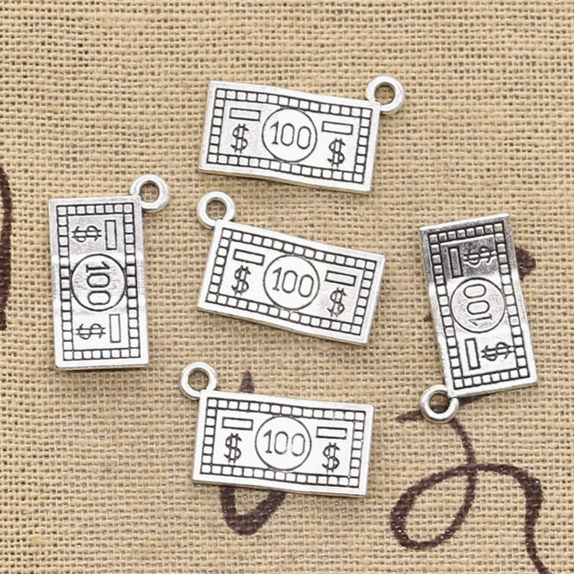 25pcs Charms 100 Dollars Money 10x19mm Antique Silver Color Plated Pendants Making DIY Handmade Tibetan Silver Color Jewelry