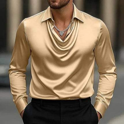 Casual Men's Satin Silk Dress Shirts Long Sleeve Social Single Breasted Button Turn-Down Collar Shirts Wedding Party Men Clothes