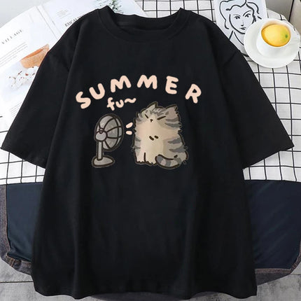 Korean Version Retro Minimalist Cat Printed Summer T-shirt Casual Loose Couple Thin Short Sleeves Women Men T Shirts