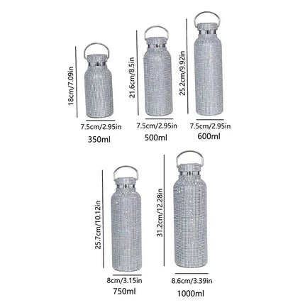 Thermal Rhinestone Water Bottle Stainless Steel Chain Bling Cups Removable Carrying Strap Refillable Glitter Tumbler Travel