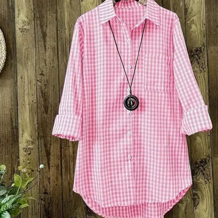 Plus Size Plaid Women's Spring Fall Cotton Linen Long Sleeves Roll Up Striped Casual V Neck Button Down Shirts Collar Tunic Tops