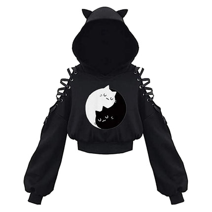 Women Autumn Teen Girls Crop Hoodie Long Sleeve Cold Shoulder Cute Cat Ear Pullovers Hooded Sweatshirt Tops Y2K E-Girls Clothes