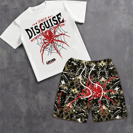 Spring And Summer American Trend 3D Printed Skull Men's Round-neck Top And Shorts, Hip-hop Style Trendy And Cool 2pcs Set