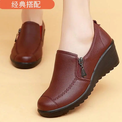 Classic Genuine Leather Women Shoes Round Toe Casual Comfortable Women's Wedge Shoes Spring Autumn Fashion Mother Shoes 10models
