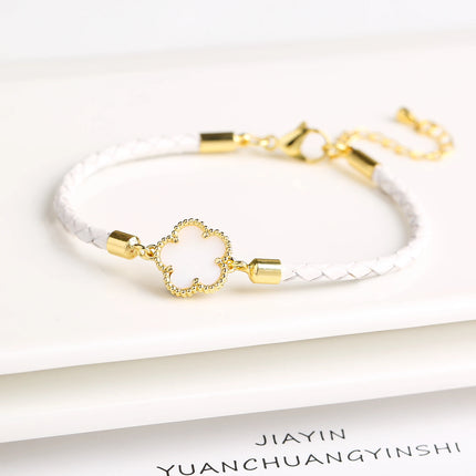 Classic Genuine Leather Woven Natural Stone Five Leaf Flower Charm Bracelet Fashion for Women Girls Party Wedding Jewelry Gift