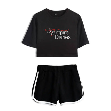 Fashion Youthful The Vampire Diaries Short Sleeve Women Sexy Shorts+lovely T-shirts Dew navel Pretty Girl suits Two Piece Set