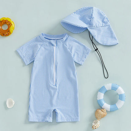 Toddler Boy Striped Swimsuit Short Sleeve Half Zipper Non-Pilling Rash Guard Swimwear Sunhat Set