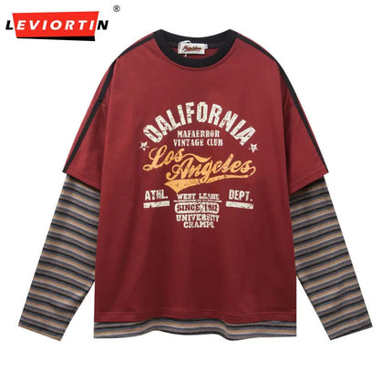 Retro patchwork color blocking casual loose print fake two-piece design sense round neck long sleeved T-shirt for men and women