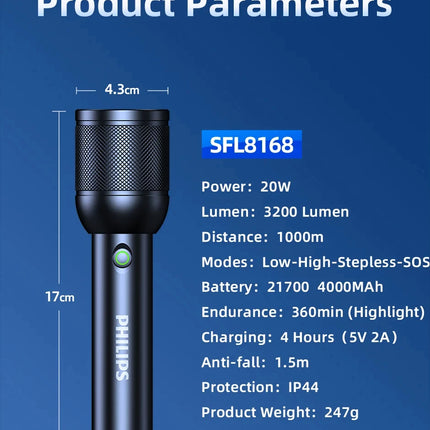 2025 New Philips SFL8168 3200 Lumen LED Flashlight 1000m Portable Powerful Bright Flashlights Camping Lamp for Outdoor Hiking
