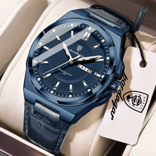 POEDAGAR Trendy Sport Man Wristwatch Waterproof Luminous Date Week Business Fashion Men's Quartz Watches Leather Men Watch Reloj