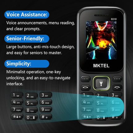 B310 1.77 Inch Dual SIM Feature Phone SC6531E Bluetooth FM Radio MP3 Torch 800mAh Battery Unlocked Basic Mobile Phone