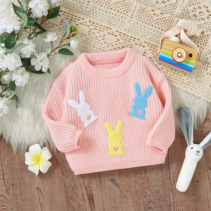 Toddler Girls Knit Easter Sweater Long Sleeve O Neck Bunny Embroidery Pullover Knitwear