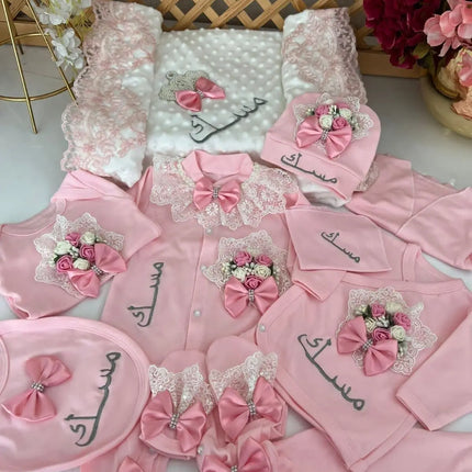 Personalized Name Baby Coming Home Outfit Angle Wing Infant Cotton Romper Onesie Blanket Pregnancy Embroidery Laurel Tree Gift