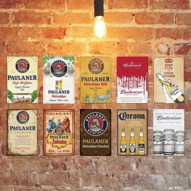 Vintage Beer Metal Tin Sign Set Retro Corona Budweiser Paulaner Poster Wall Art Decor for Bar Pub Man Cave Restaurant Rustic Iro