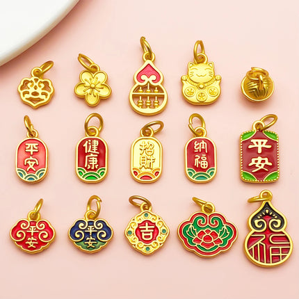 10/15pcs Antique & Sand-Gold Alloy Pendants for Wealth, Prosperity, and Good Fortune. DIY Chinese-style Charms for Bracelets