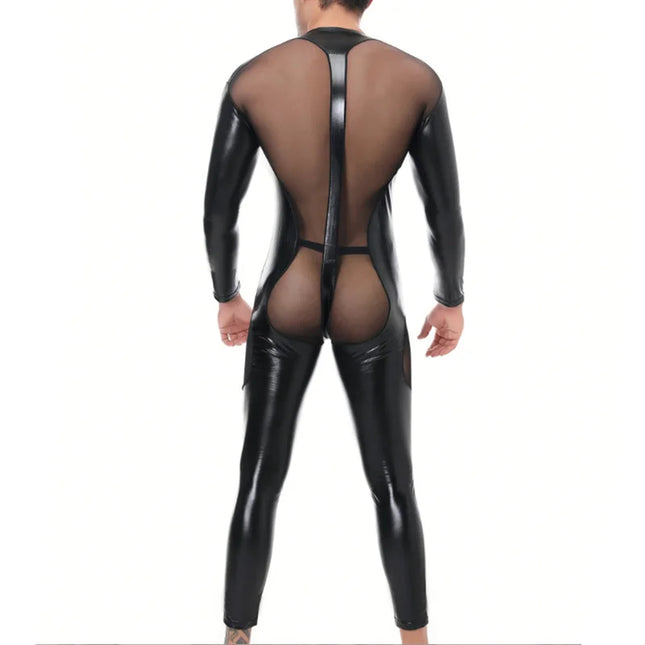 Mens Sexy Mesh Leather Jumpsuit Bodysuit Latex Fetish Gay Zipper Open Transparent Catsuit Erotic Hot Wetlook Wear Male Lingerie