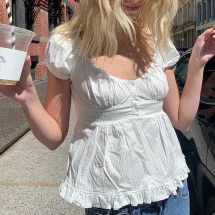 Y2K Aesthetic Fairy Vintage T-shirt Kawaii Grunge Lace Crop Top Square Collar Short Sleeve Sweet Girl Milkmaid Tee Women Clothes