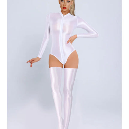New Glossy Shiny Long Sleeve Swimsuit Zipper Crotch Bodysuit Tights Body Teddies Sukumizu High Elastic Leotard Unitard Tshirt