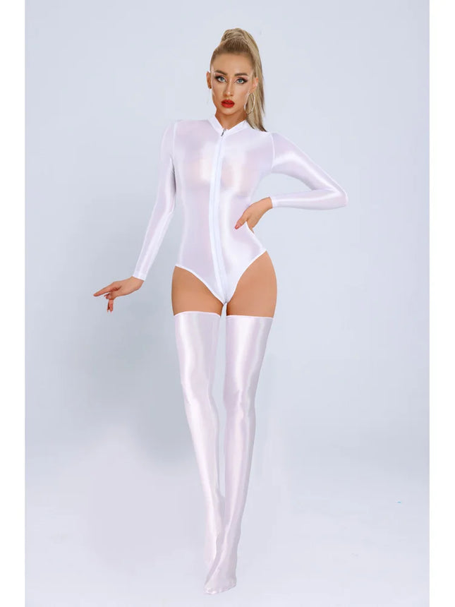 New Glossy Shiny Long Sleeve Swimsuit Zipper Crotch Bodysuit Tights Body Teddies Sukumizu High Elastic Leotard Unitard Tshirt