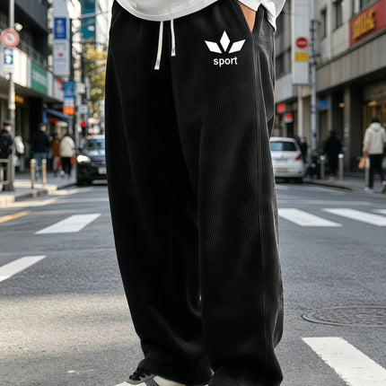 Mens Corduroy Wide Leg Trousers Elastic Drawstring Waist Abstract Leaf Sport Graphic Print Loose Straight Casual Street S-4XL