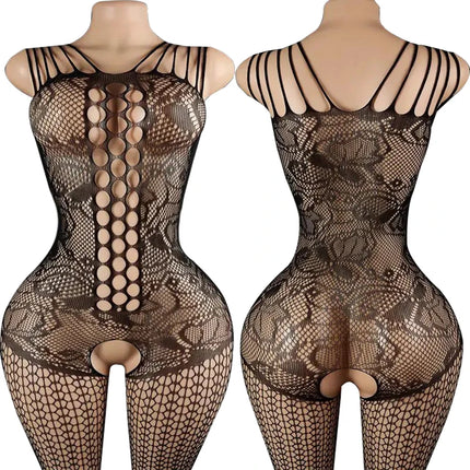 Off Shoulder Open Crotch Underwear Set Black Fishnet Hollow Bodystockings Sexy Crotchless Lingerie Women Erotic Teddy Bra Sets