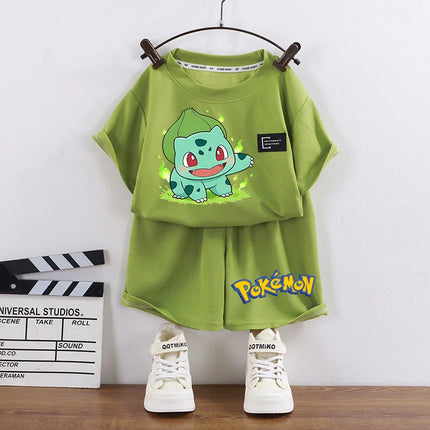2pcs Pokemons Short-sleeved Shorts Summer Thin Waffle Clothes Suit Cartoon Anime Gengar Charmander Print Clothing Birthday Gift