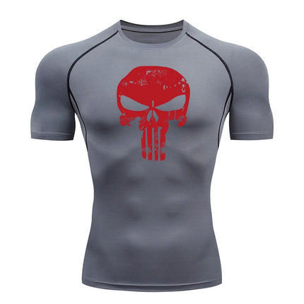 Skull Print Compression Shirts for Men Gym Workout Running Tshirts Sporty Athletic Quick Dry Tees Tops Short Sleeve Rash Guard