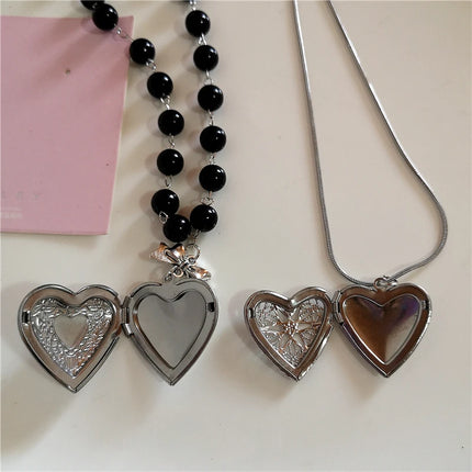 Goth Y2k Aesthetic Heart Locket Pendant Open Female Silver Color Stainless Steel Photo Frame Charm Necklace Women EMO Jewelry