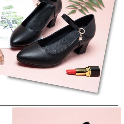 Women Fashion Sweet Red Comfort Buckle Strap Square Heel Pumps Lady Casual Black Pu Leather Office High Heel Shoes Spring Autumn