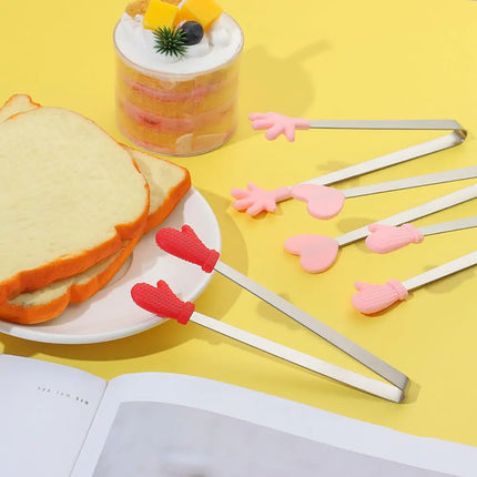 1pc Creative Silicone Stainless Steel Mini Snack Food Tongs Non-slip Handles BBQ Bread Ice Cube Clip Kitchen Accessories