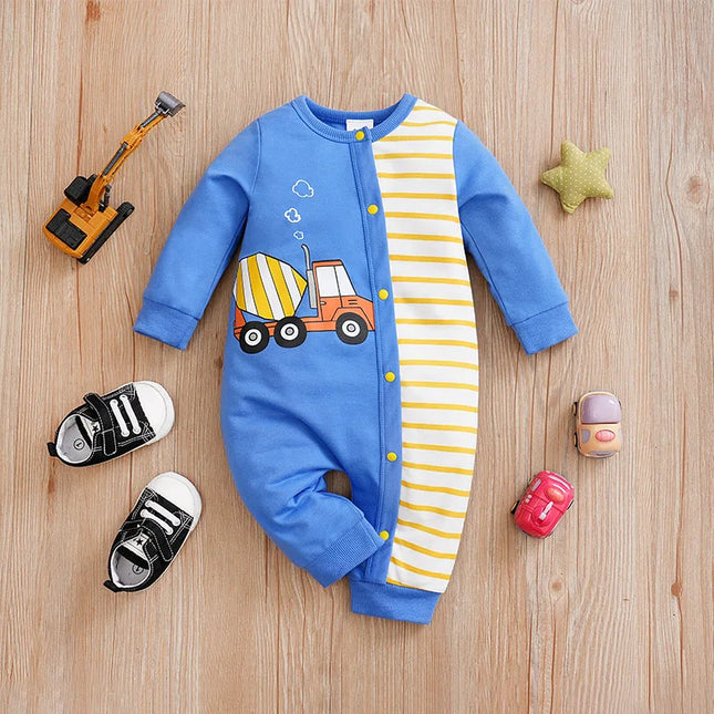 Newborn Baby Clothes 0-12 Months Blue Car Stripe Print Long Sleeve Footies Toddler Boy Clothes Kids Jumpsuit Pajama Baby