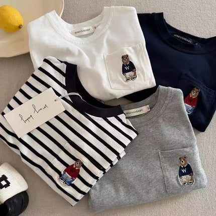 Long Sve Children's T-irt Boys' Inner Wear Striped Top for Big Kids Toddler Boys' Base Layer Bear Design Korean Sle