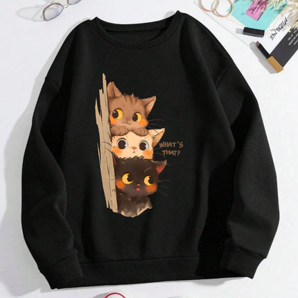 Three Little Cats Are Secretly Watching You Print Hoodie Women Street Loose Sweatshirt Basics Sporty Pullover Winter Clothes